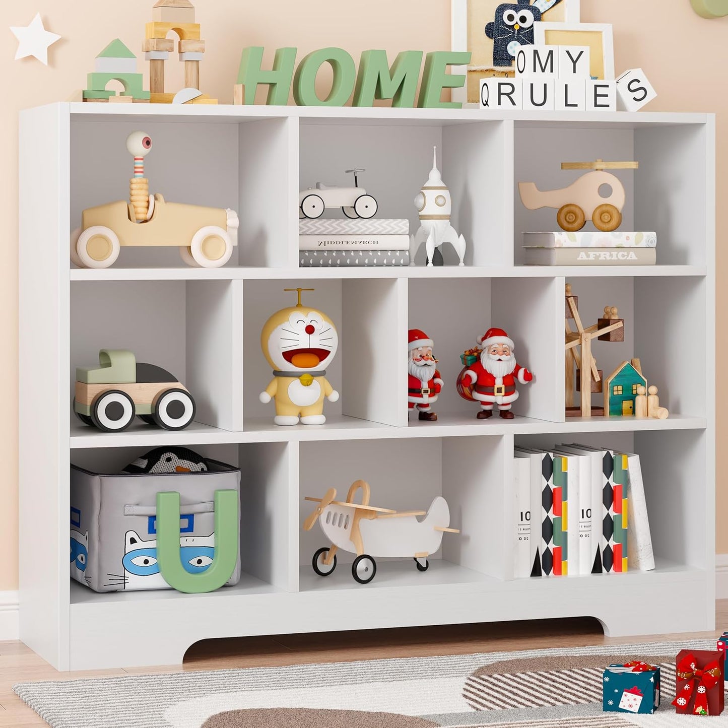 Book Shelf, 10 Cubes Storage Organizer, 3-Tier Open Shelf Wooden Bookcase, Freestanding White Bookshelf Cube Shelf for Bedroom, Living Room