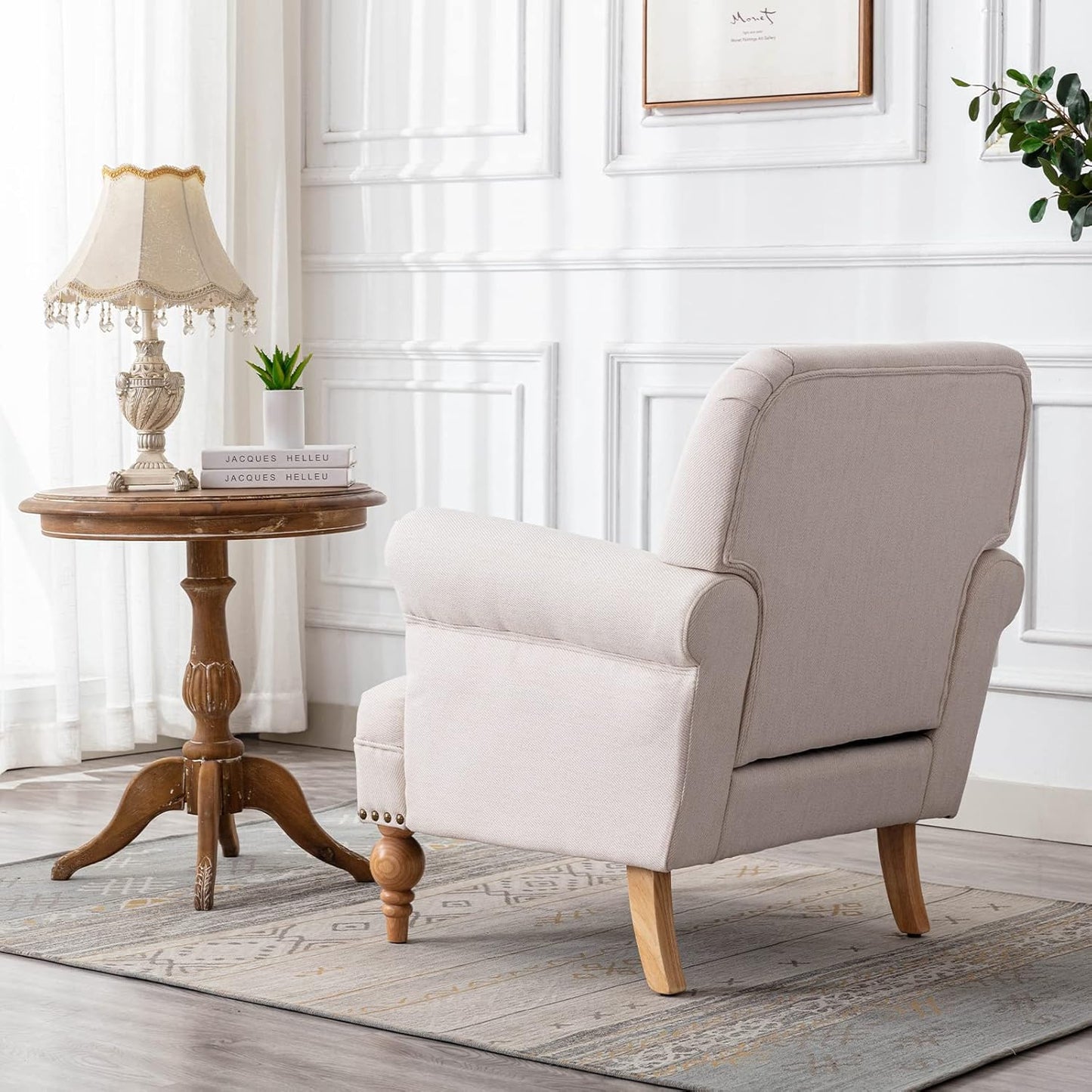 chairus Linen Accent Chair for Living Room Upholstered Mid Century Modern Single Sofa Chair with Solid Wood Legs Comfy Reading Chair Armchair for Bedroom/Office Room/Recption/Lounge, Cream