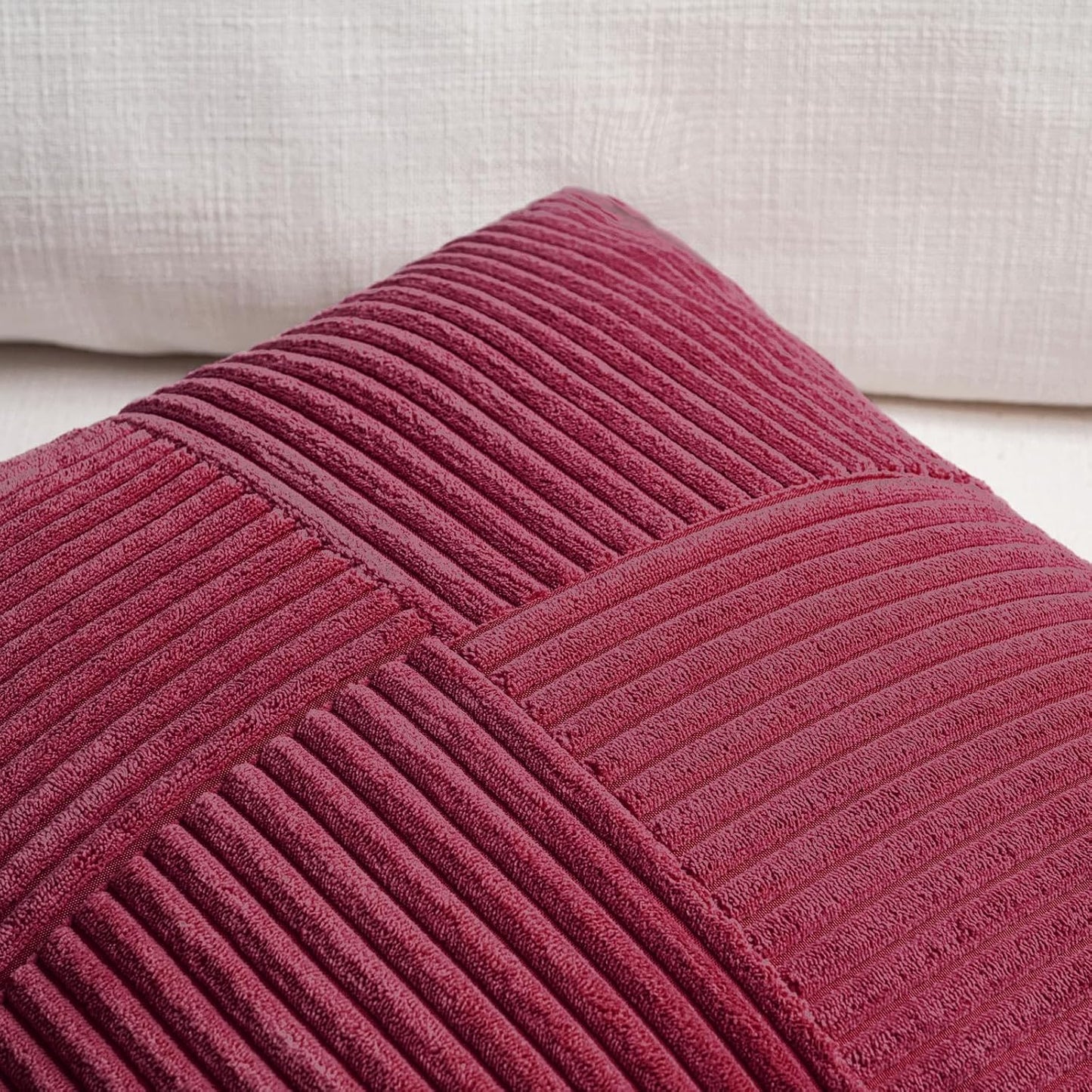 Fancy Homi 2 Packs Burgundy Big Decorative Throw Pillow Covers 24x24 Inch for Living Room Couch Bed Sofa, Rustic Farmhouse Boho Home Decor, Soft Corss Corduroy Patchwork Accent Cushion Case 60x60 cm