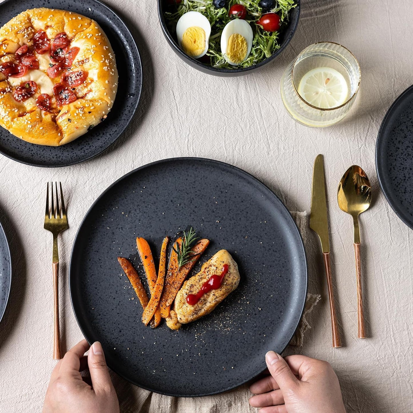 AmorArc Ceramic Dinnerware Sets, Wavy Rim Stoneware Plates and Bowls Sets, Highly Chip and Crack Resistant | Dishwasher & Microwave Dishes set, Service for 4 (12pc)-Speckled Matte Black