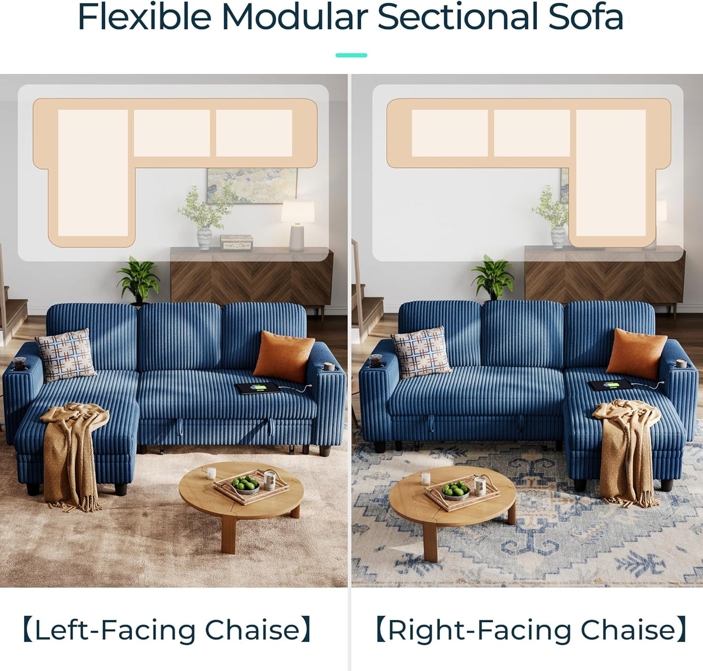 LINSY HOME Sectional Sleeper Sofa with Pull Out Couch Bed - Convertible Plush Corduroy Cloud Couch with Storage Chaise & USB Charging, Comfy L Shaped Modular Couches for Living Room Apartment, Blue
