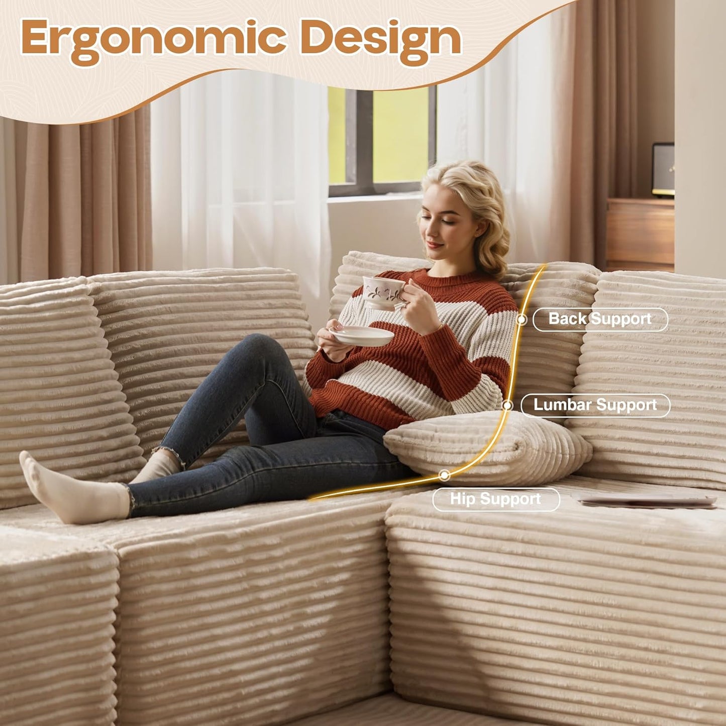 Cloud Sectional Couches for Living Room,U Shaped Modular Sofas No Assembly,135x100 Inches Plush Corduroy Oversized Floor Couch Set with Deep Seat Chaise,Beige