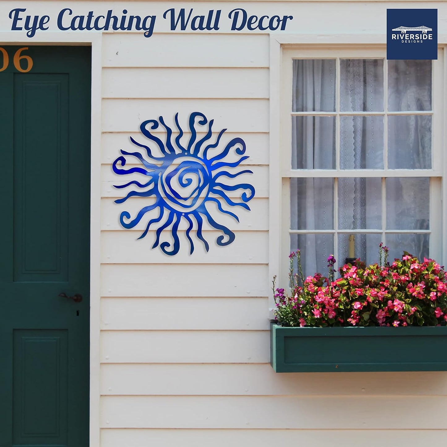Riverside Designs Wacky Sun Metal Wall Art Indoor/Outdoor Decor - 12" Blue, Rust Proof Wall Sculpture - Made in USA - Ideal for Bedroom, Garden, Home, Patio and Farmhouse