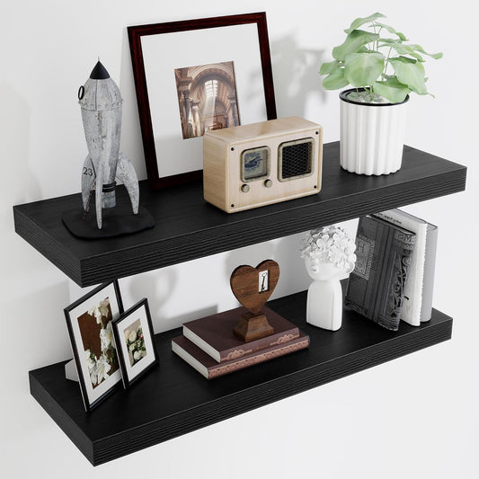 Fun Memories Floating Shelves for Wall, 32 Inch Long Floating Shelves Set of 2, 32 x 10 Wooden Shelves for Wall, Large Storage Shelves, Hanging Shelves for Bathroom Kitchen Bedroom, Black