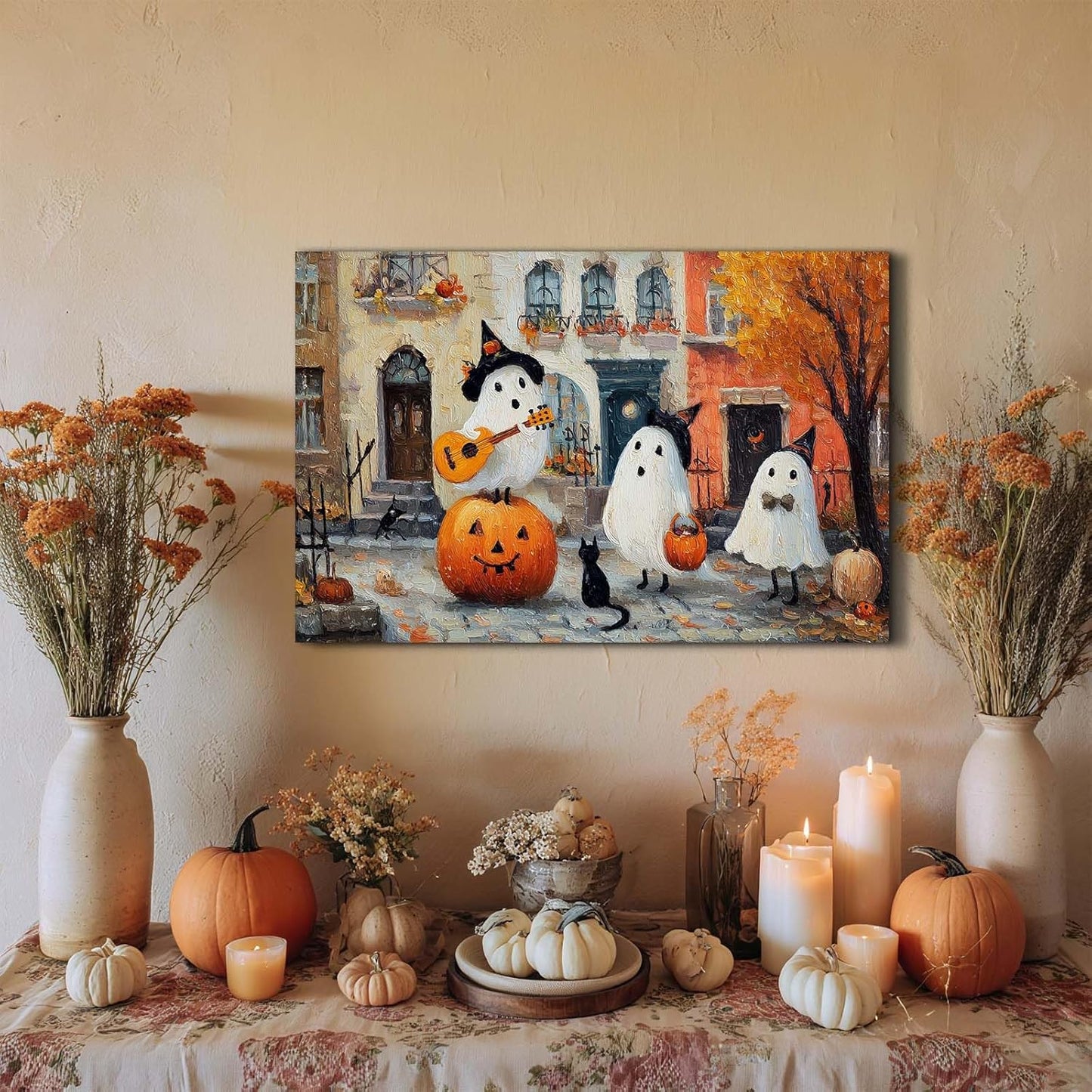 Laoife Vintage Halloween Canvas Wall Art, Autumn Pumpkin Cute Ghost Canvas Prints, Halloween Party House Decoration (Ghost 5)