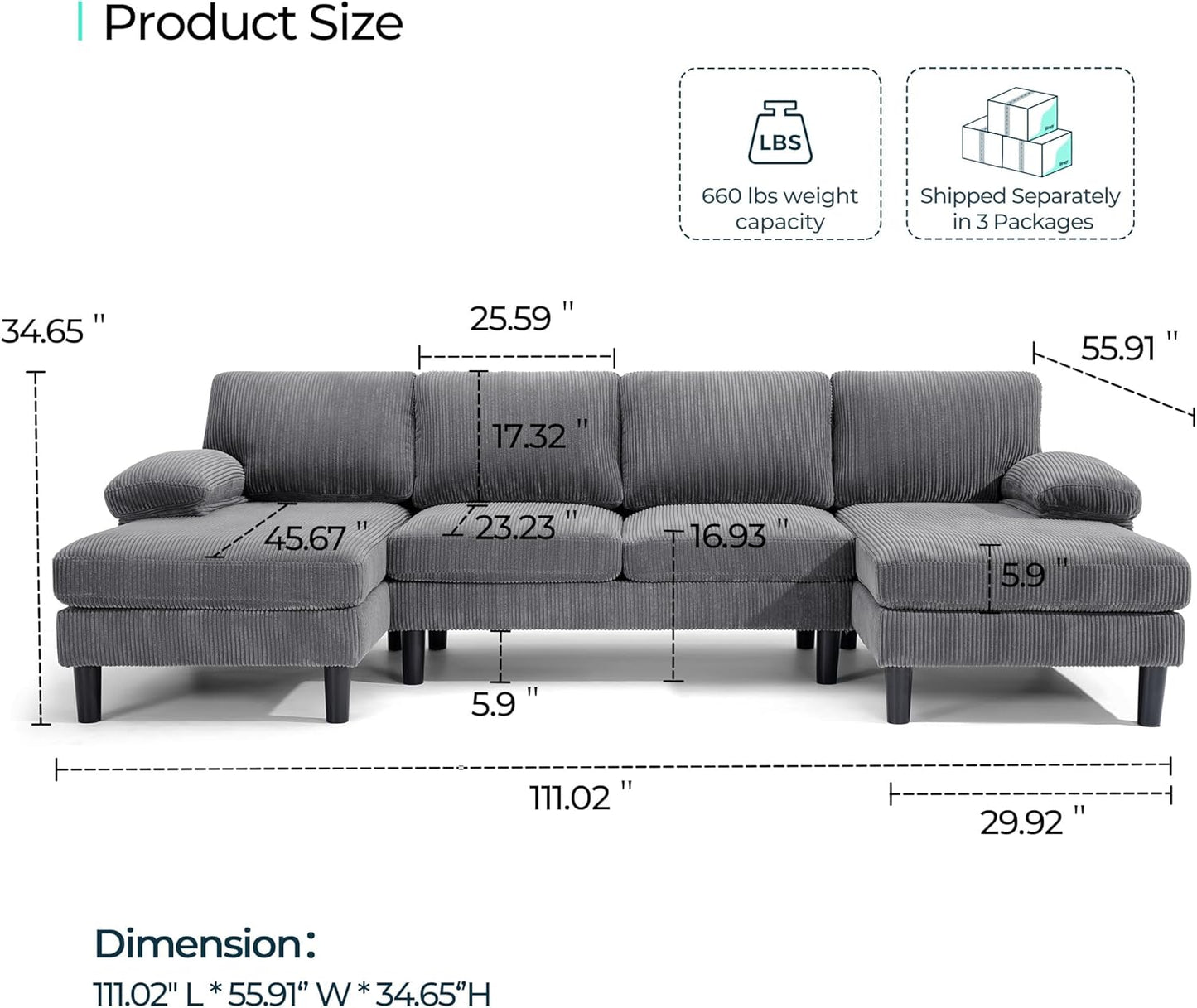 LINSY HOME Sectional Couch, 111'' W Corduroy U Shaped Sofa with Sleepable Armrests, 4 Seat Couch with Double Chaises, Deep Sofa for Living Room, Grey