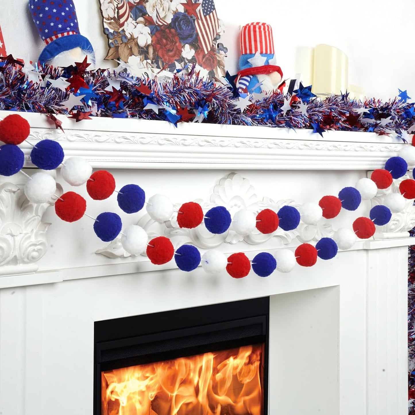 XmasExp 4th of July Pom Pom Garland Decorations - Large Felt Ball Garland for Mantle, Indoor Home Decor, Tree Ornaments, Kids Room and Party Hanging Decor,13 Ft.