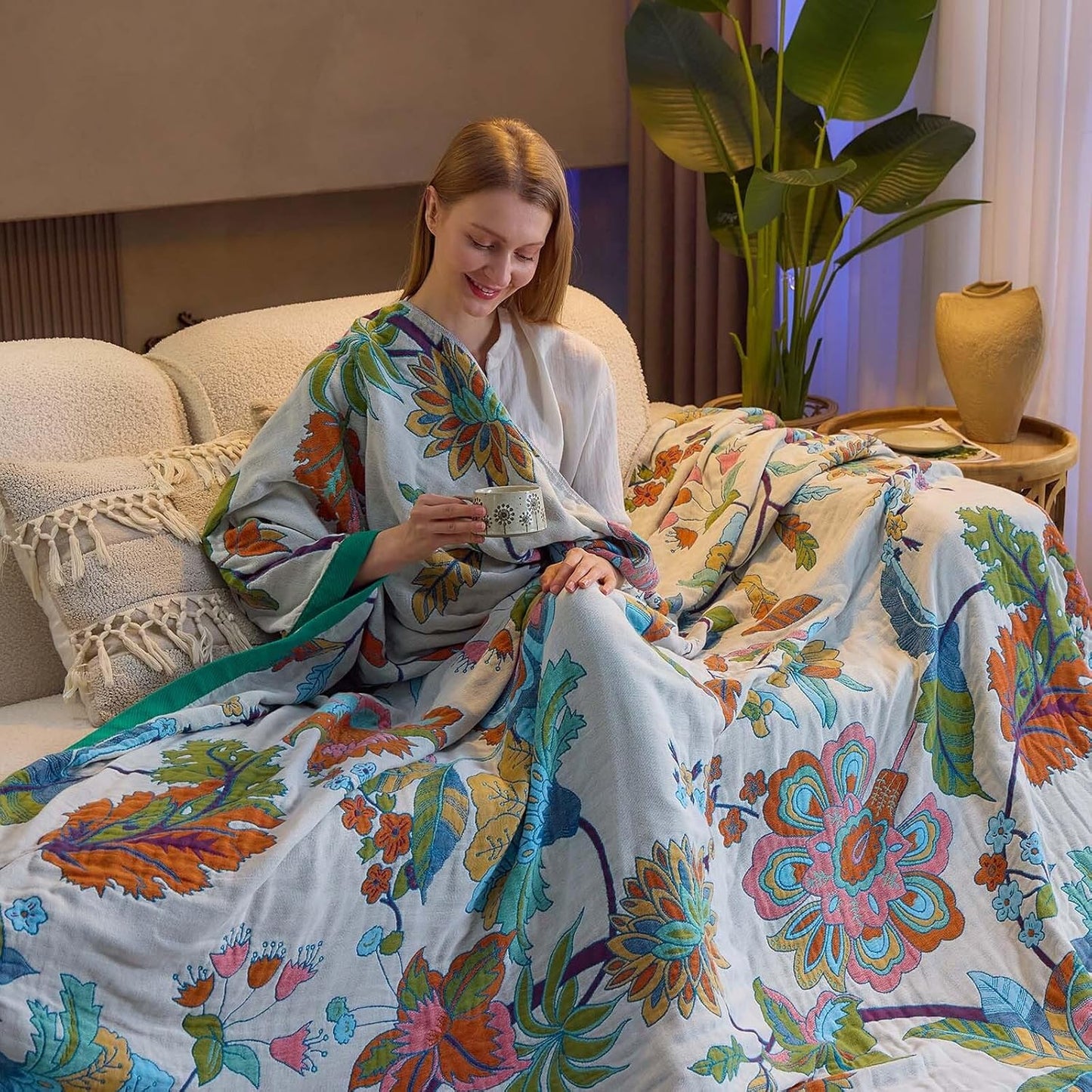 Summer Throw Blanket, 60"x80" Reversible Bohemian Flower Blanket, 100% Cotton Muslin Breathable Woven, Farmhouse Decorative Throw Blanket