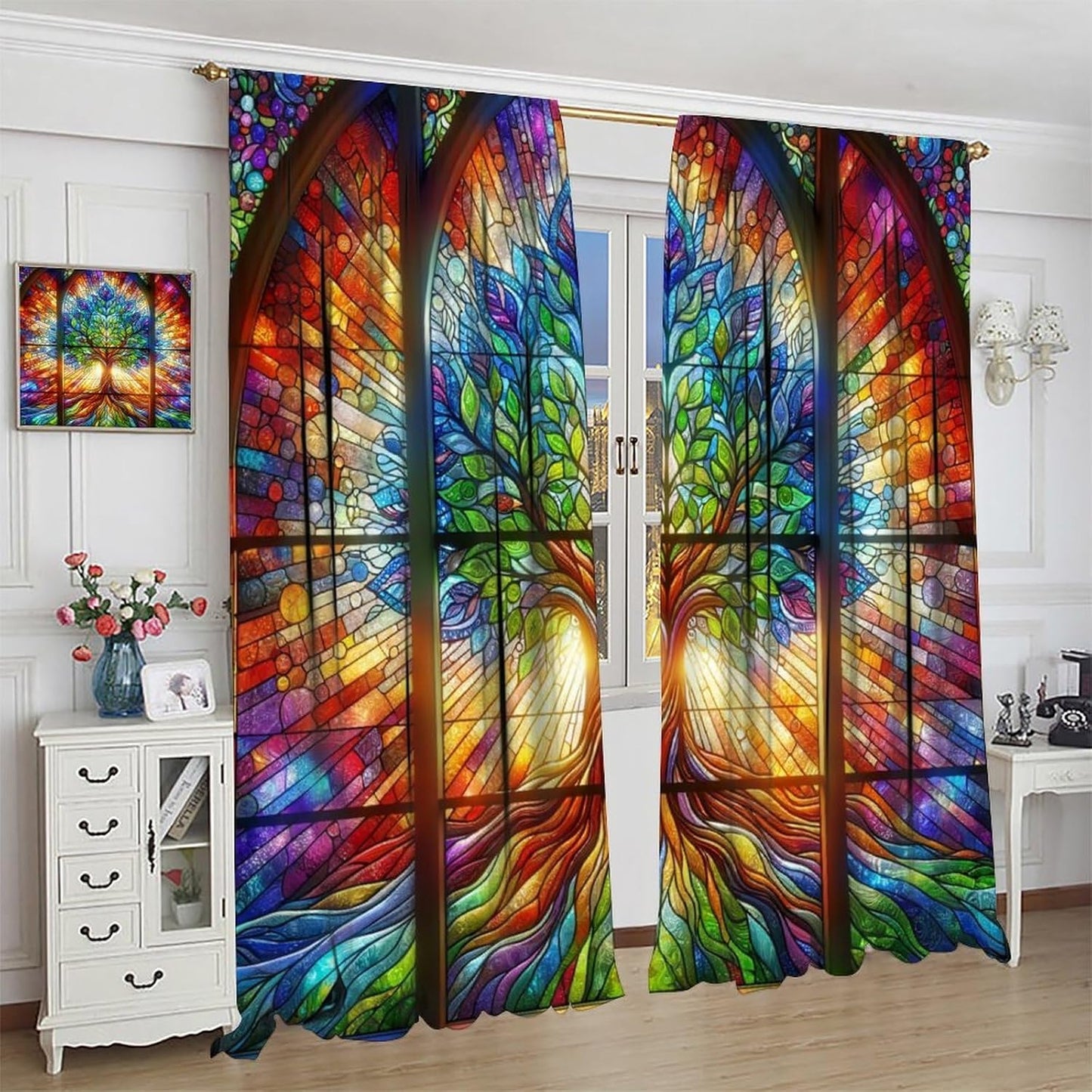 Stained Glass Curtains,Tree of Life Colorful Abstract Art Home Decor Drapes for Bedroom Living Room Kitchen Window Treatment 2 Panels Set Total Size 55" W X 63" L Inch