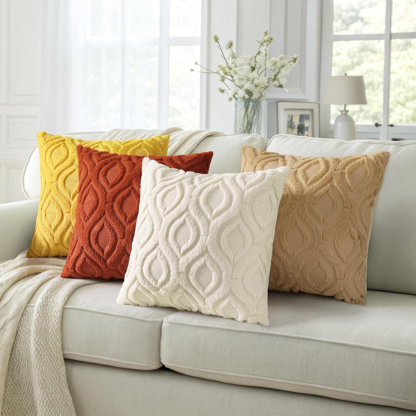 decorUhome Fall Throw Pillow Covers 16x16 Inch Set of 2, Soft Plush Decorative Faux Fur Rust Solid Couch Pillow Covers, Accent Farmhouse Neutral Square Euro Pillow Cases for Sofa Bed Living Room
