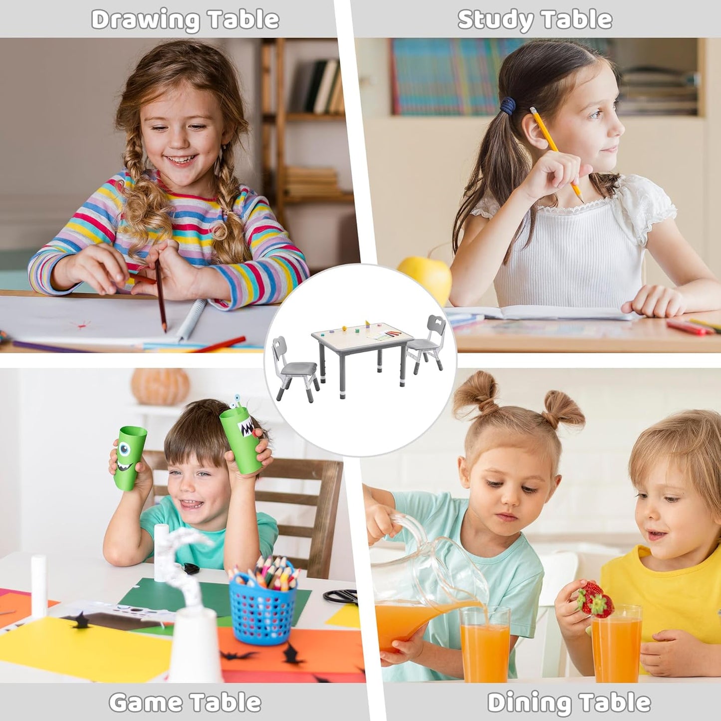 Kids Table and 2 Chairs Set, Height Adjustable (17.7"-26.1") Toddler Table and Chair Set, Multi-Activity Table with Graffiti Desktop, Children’s Table and Chairs for Classroom, Home & Daycare