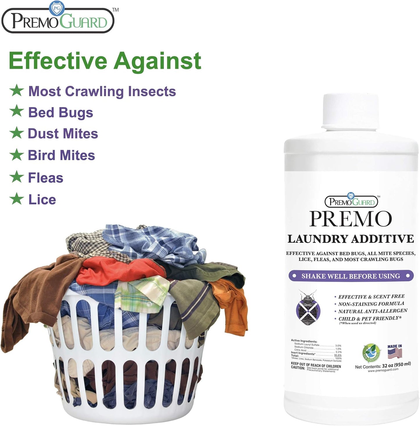 Premo Guard Bed Bug & Mite Laundry Detergent Additive 32 oz – Child & Pet Friendly – Stain & Odor Free – Best Natural Non-Toxin Treatment
