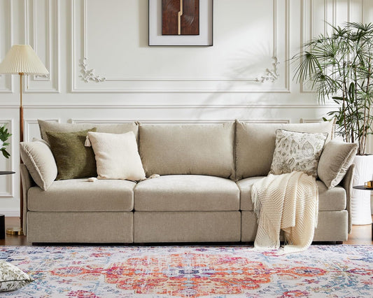 102.6" Modular Sectional Sofa, Oversized 3-Seater Couch with Removable Beige Chenille Fabric Cover, Deep Seat & High Backrest for Living Room, Office & Apartment