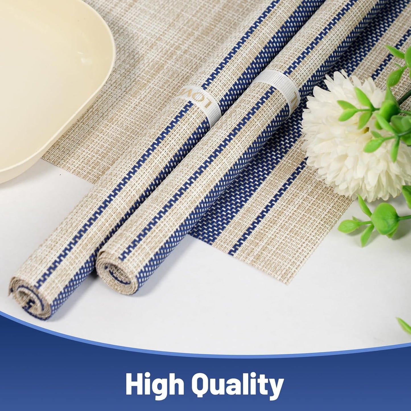 Placemats Set of 6，Non-Slip PVC Weave Table Mats Easy to Clean，Heat Resistant Place Mats for Kitchen Dining Table Decoration Indoor Outdoor，Khaki Blue