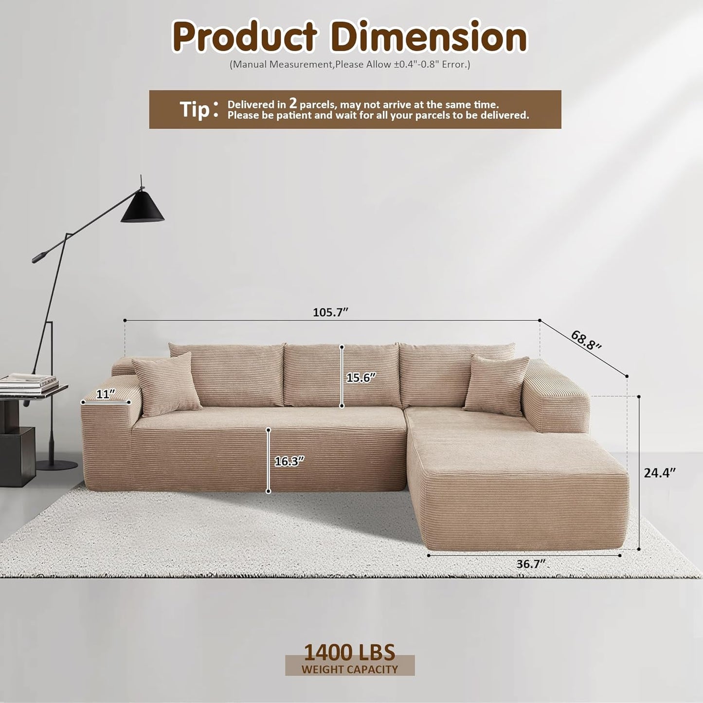 ovios 104" Cloud Sectional Couch with L-Shape Chaise,Modern Modular Sofa with Deep Seat, Upholstered Couches for Living Room Bedroom,No Assembly Required, Camel (Corduroy Fabric)