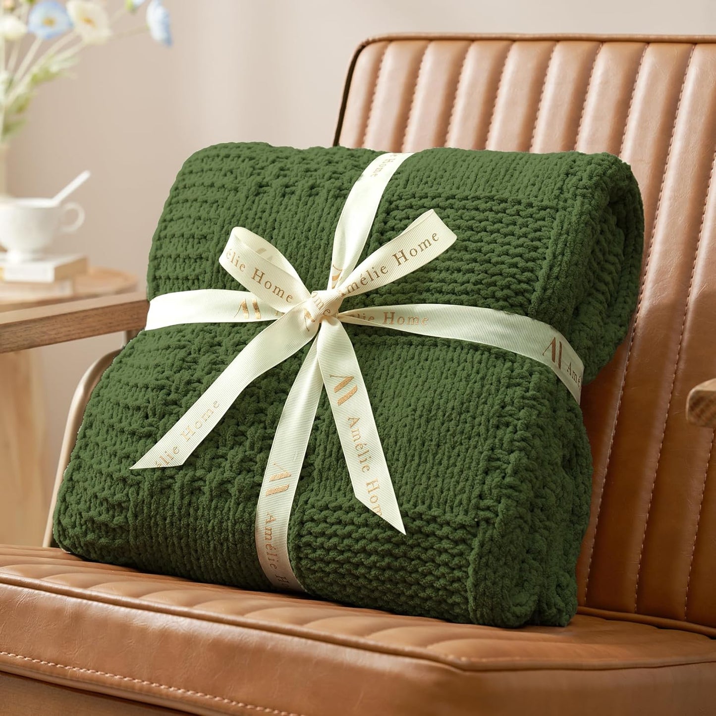 Amélie Home Chenille Knit Throw Blanket for Couch, Checkered Texture Decorative Soft Blanket for Sofa, Bed & Living Room, 50"x60", Olive Green