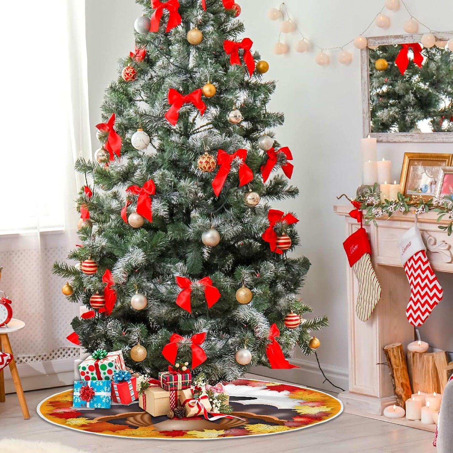 Thanksgiving Turkey Maple LeafTree Skirt, Seasonal Tree Mat Holiday Party Supplies Ornaments Indoor Outdoor Decorations for Tabletop Trees 35.4 Inches