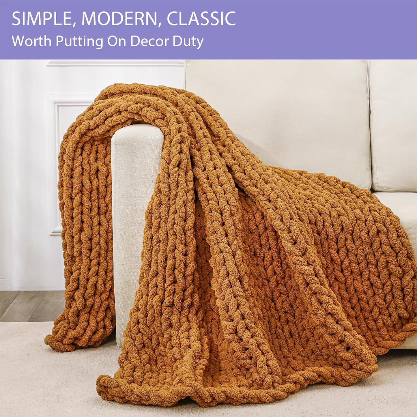 Bigacogo Chunky Knit Throw Blanket for Couch, 51x63 inches, 100% Hand Knitted with Thick Jumbo Chenille Yarn, Cozy Soft Large Rope Knot Cable Crochet Blankets for Sofa Bed Living Room, Burnt Orange