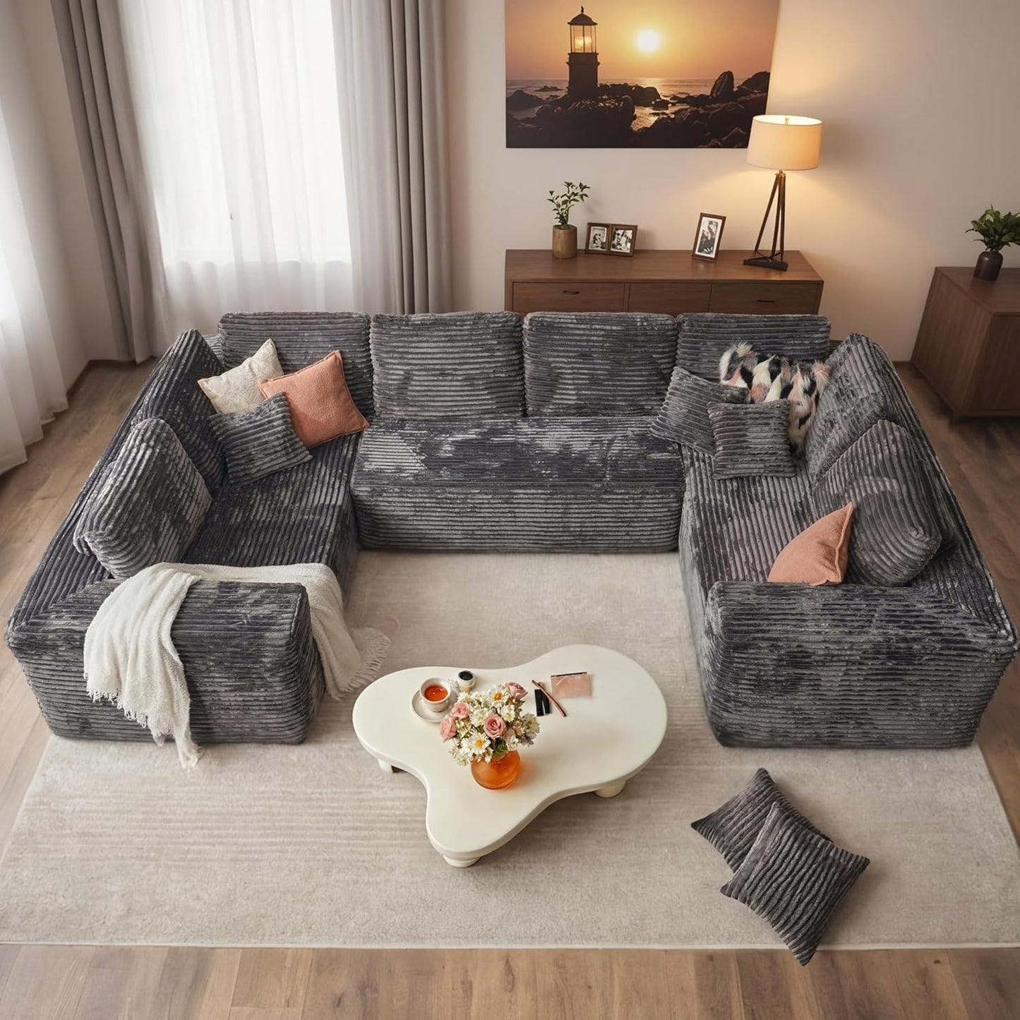 HOOOWOOO Cloud Sectional Couches for Living Room,Modular Sectional Sofa No Assembly,136X70 Inch Plush Corduroy Large U Shaped Floor Couch Set with Deep Seat(Gray)