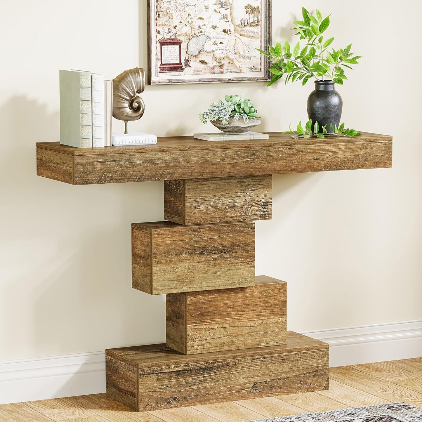 Tribesigns 42.5" Farmhouse Console Table, Narrow Wood Sofa Table Behind Couch with Geometric Base, Industrial Entryway Accent Table for Living Room, Hallway, Entrance (Light Brown)