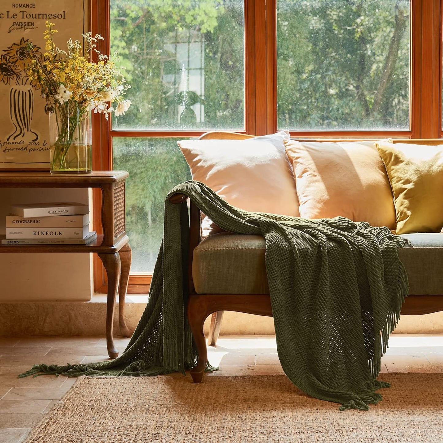 lifein Throw Blanket for Couch, Soft Green Boho Decor Bed Throw,Cozy Knitted Chenille Farmhouse Lightweight Throw for Spring(Olive Green,60 * 80")