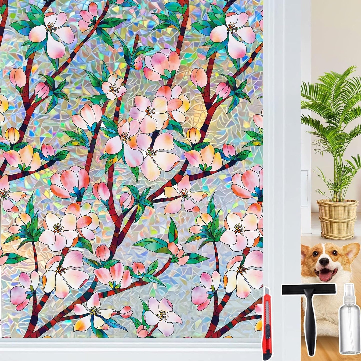 Rainbow Window Privacy Film Decorative, 3D Decals Stained Glass Clings, Static Cling Sticker, Suncatcher Windows Cover Tint for Home, 17.5 Inch x 157.4 Inch