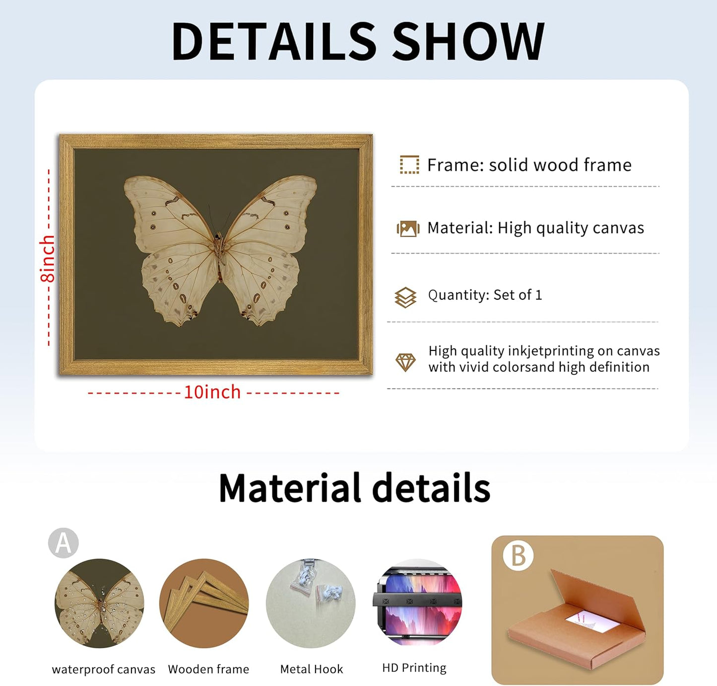 Wood Framed White Butterfly Wall Art, Vintage Butterfly Oil Paintings, Dark Moody Insect Canvas Prints, Boho Sage Green Wall Decor, for Bedroom Kitchen Bathroom Cottagecore Room Decor - 8x10 Inch