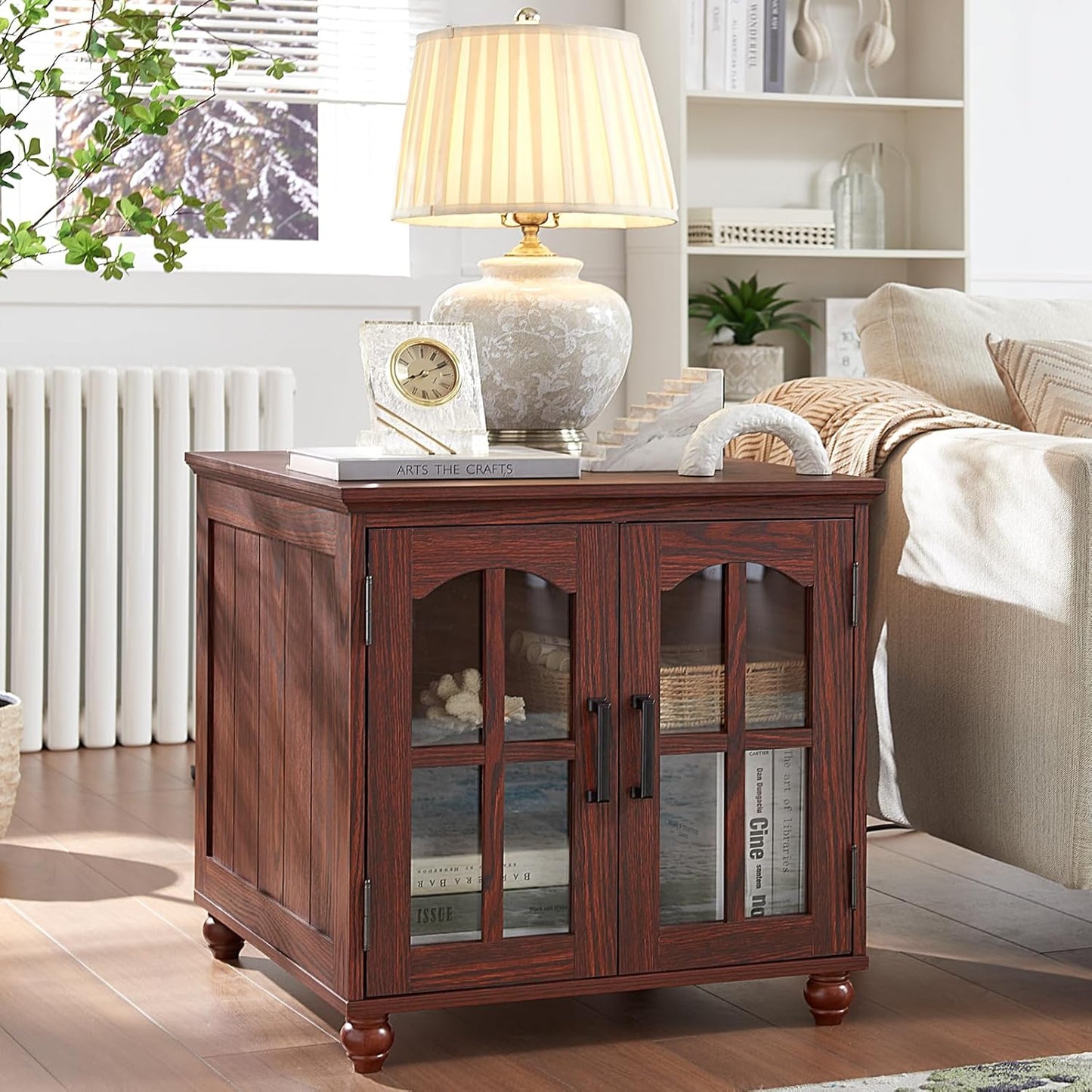 Farmhouse 24" End Table Set of 2 with Charging Station, Large Sofa Side Table with Glass Barn Door,Wood Night Stand with Adjustable Storage Shelf,Square Bedside Table for Living Room,Bedroom