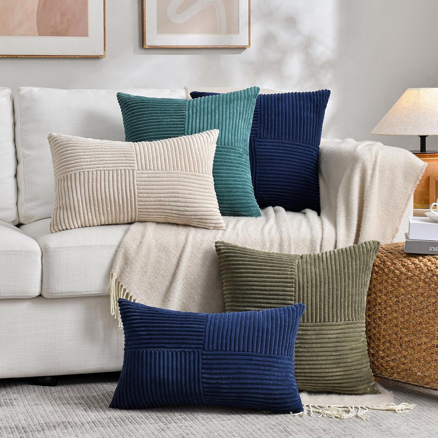 Fancy Homi 2 Packs Tan Decorative Throw Pillow Covers 16x16 Inch for Living Room Couch Bed Sofa, Farmhouse Boho Home Decor, Soft Corss Patchwork Corduroy Textured Square Beige Cushion Case 40x40 cm