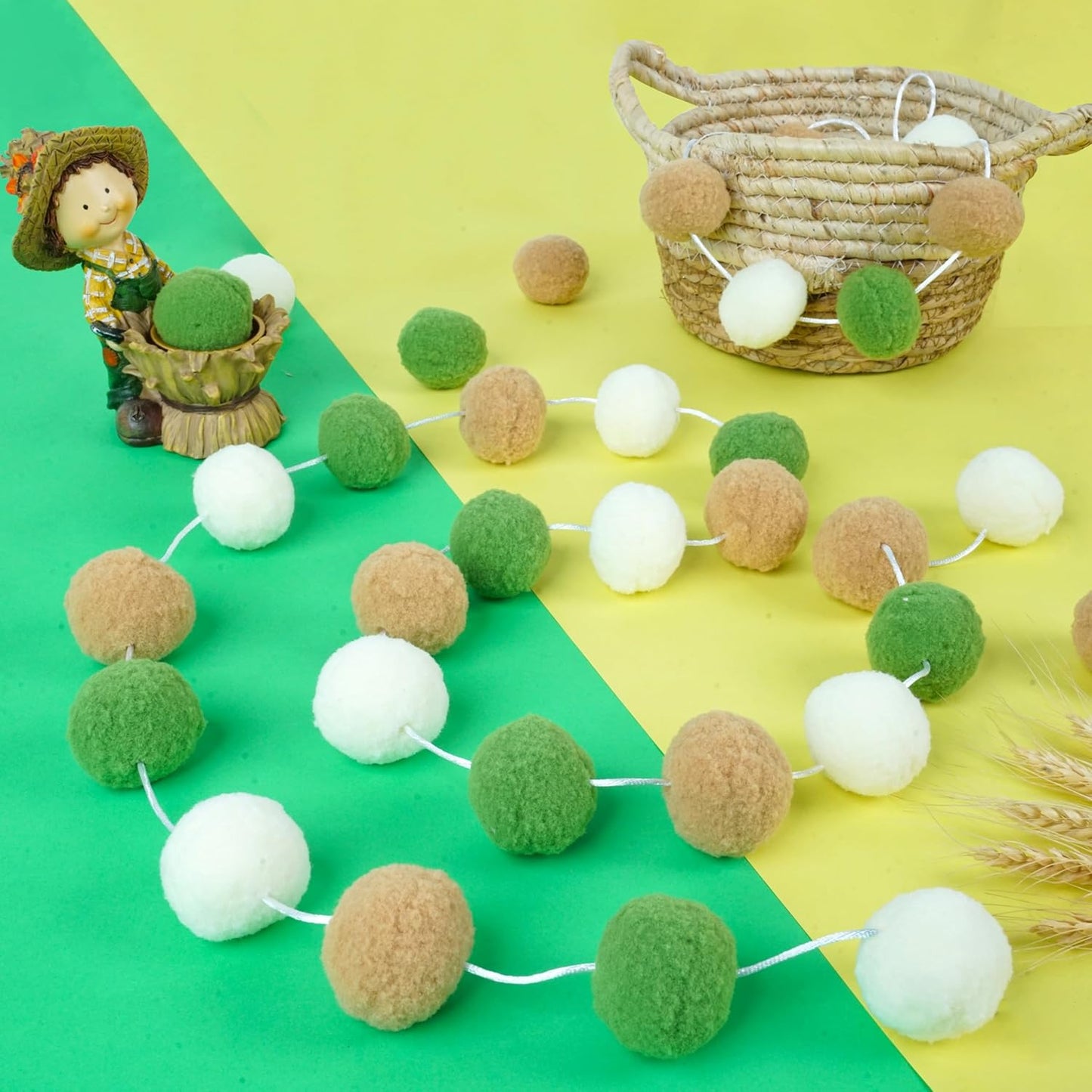 XmasExp Pom Pom Garland Decorations - Large Boho Felt Ball Garland for Mantle, Indoor Home Decor, Tree Ornaments, Kids Room and Party Hanging Decor,13 Ft. (Green, 1.57")