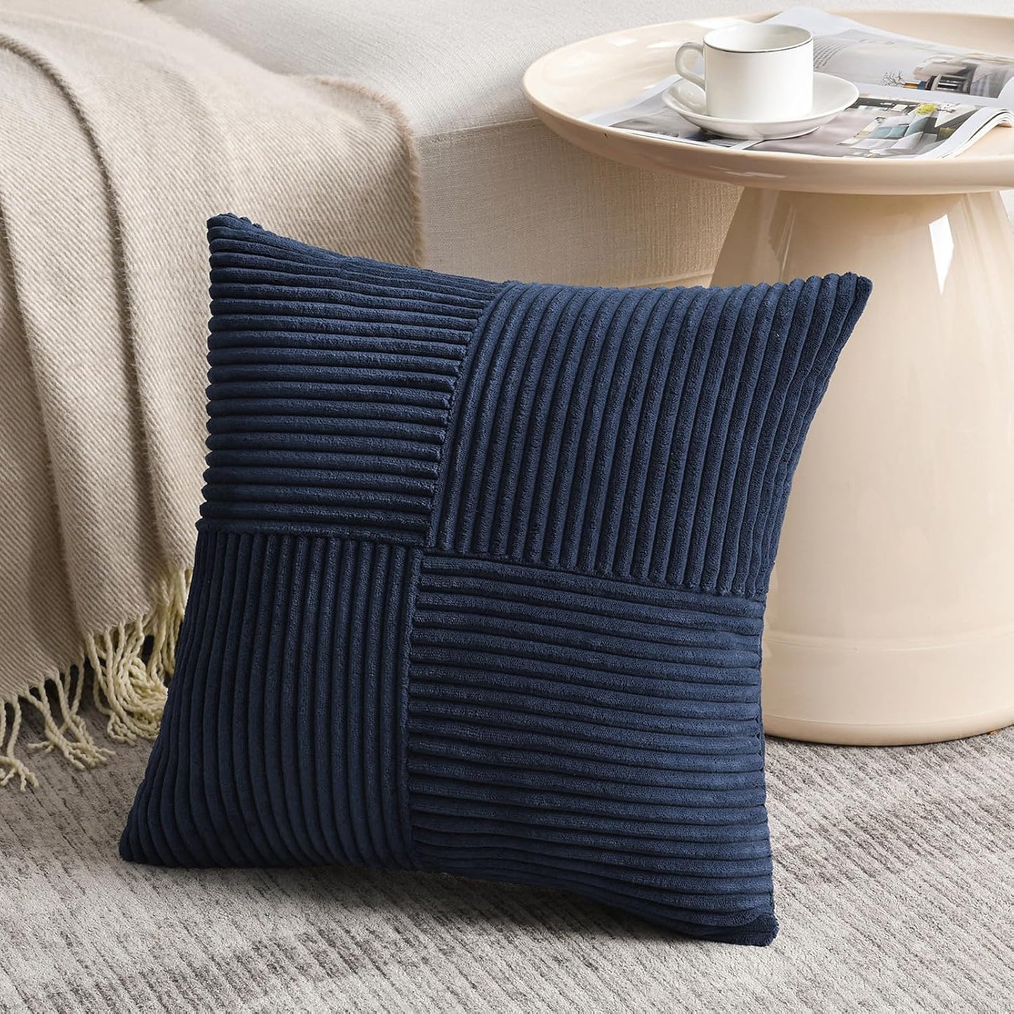 Fancy Homi 2 Packs Navy Blue Samll Decorative Throw Pillow Covers 12x12 Inch with for Couch Bed Sofa, Rustic Farmhouse Boho Home Decor, Soft Corss Patchwork Corduroy Square Cushion Case 30x30 cm