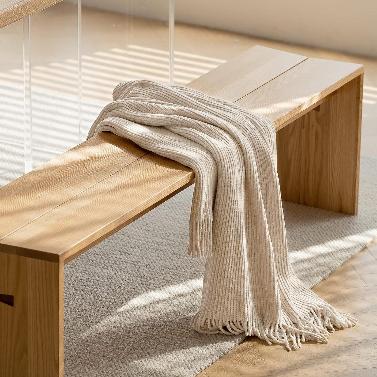 lifein Throw Blanket for Couch, Soft Boho Decor Bed Throw,Cozy White Chenille Knitted Small Farmhouse Lightweight Throw for Spring(White/Cream,50 * 60")