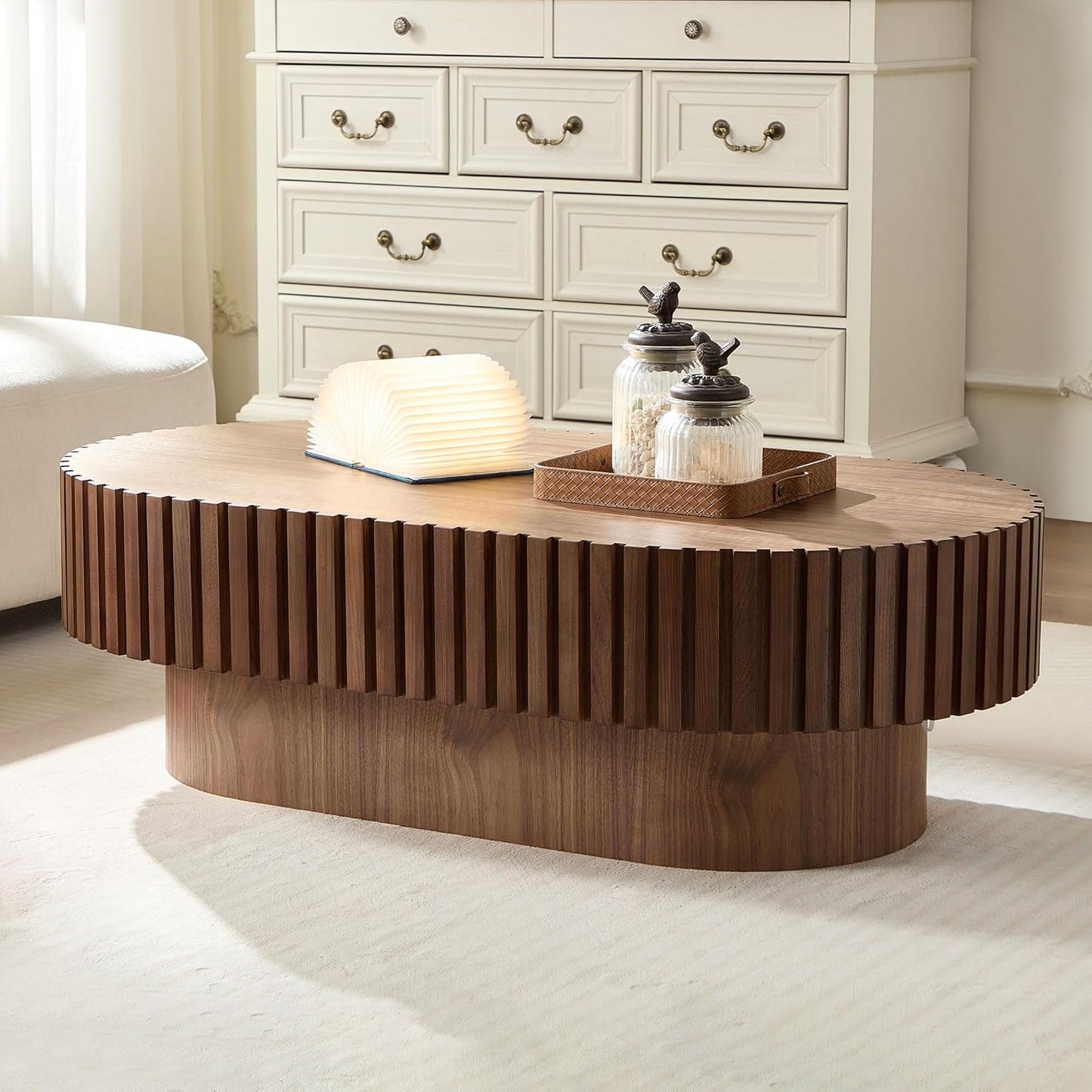 43.7" Oval Coffee Table for Living Room,Modern Handcraft Drum Coffee TableSmall Wooden Coffee Table with Sturdy Pedestal Easy Assembly for Office-Walnut