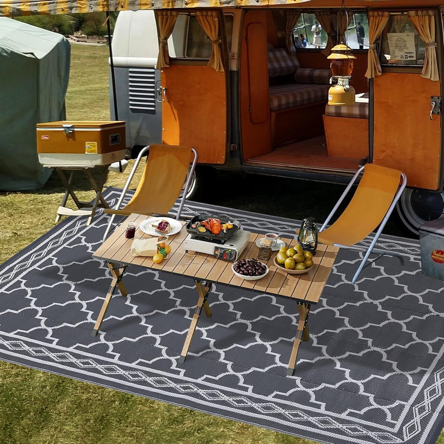 GAOMON Reversible Outdoor Rug 9'x18' Waterproof Plastic Straw Rug, Patio Rug, Large Modern Area Rug Carpet, Indoor Outdoor Rugs for Camping, Porch, Deck, Balcony, Backyard, Grey/White(Geometric)