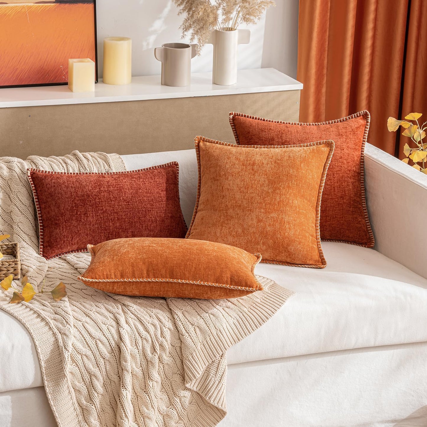 MIULEE Pack of 2 Fall Couch Throw Pillow Covers 12x20 Inch Rust Farmhouse Decorative Pillow Covers with Stitched Edge Soft Chenille Solid Dyed Pillow Covers for Sofa Bed Living Room