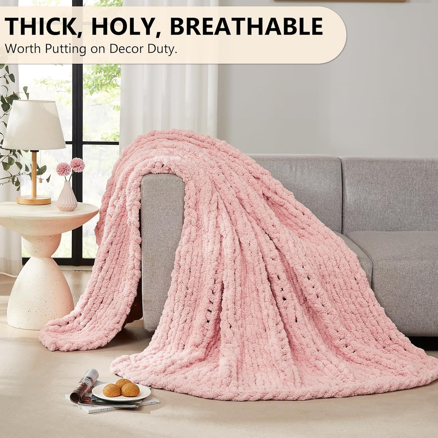 L'AGRATY Chunky Knit Blanket Throw - Soft Chenille Yarn Throw Blanket 40x50： Handmade Thick Cable Knit Crochet Blanke - Large Knit Blanket Chunky Rope Knot Throw Blanket for Couch Sofa Bed Home Decor