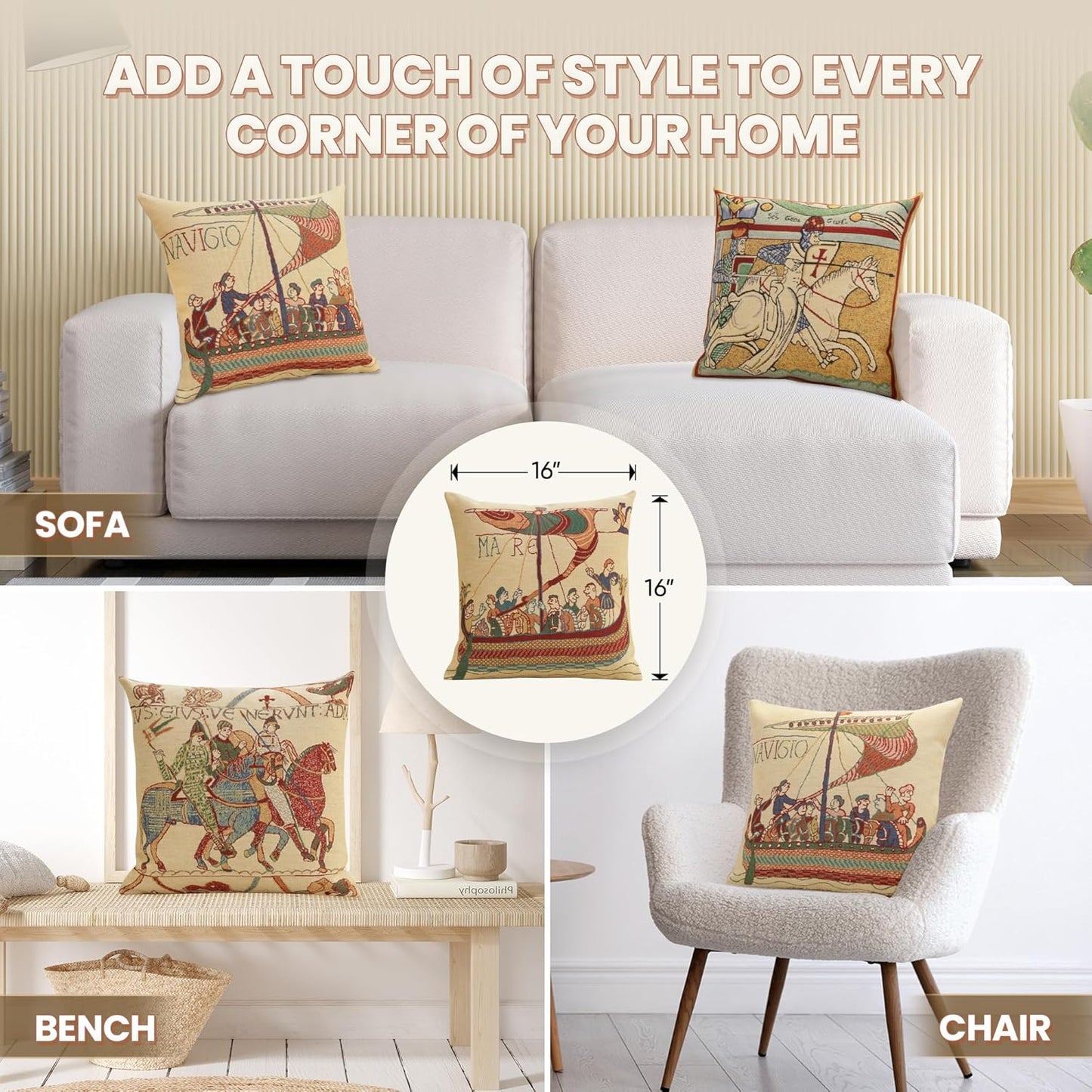 Charlotte Home Furnishings Bayeux Mare Throw Pillow Cover 16" x 16" – Medieval Ship Decorative Tapestry Cushion Case for Sofa, Couch, & Bed | Cotton Jacquard Woven in Europe | Insert Not Included