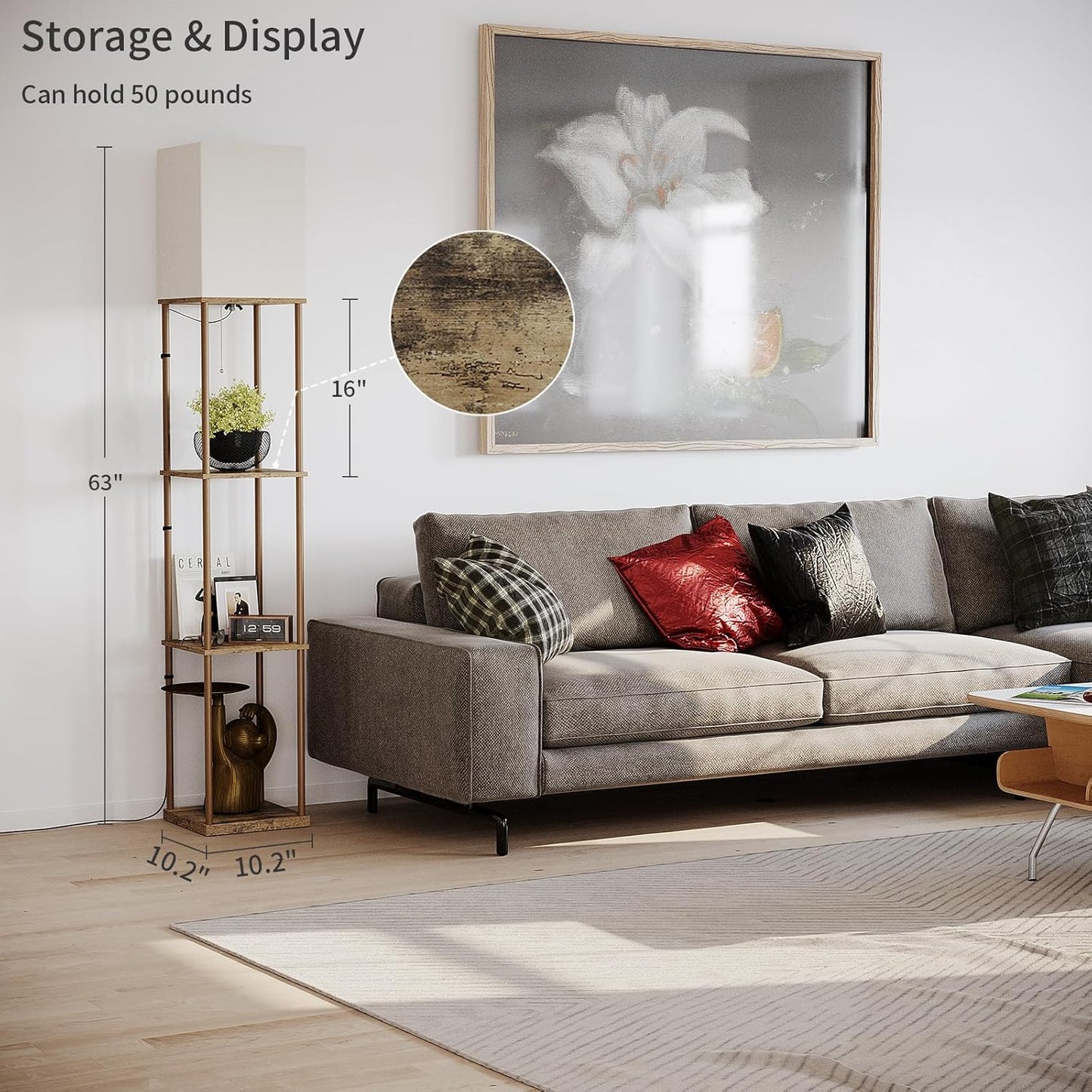 SUNMORY Floor Lamp with Shelves, Modern Square Shelf Lamps, Display Shelf Standing Lamp with 3 Color Temperature Bulb, Corner Bookshelf Lamps for Living Room and Bedroom Office, Home Decor