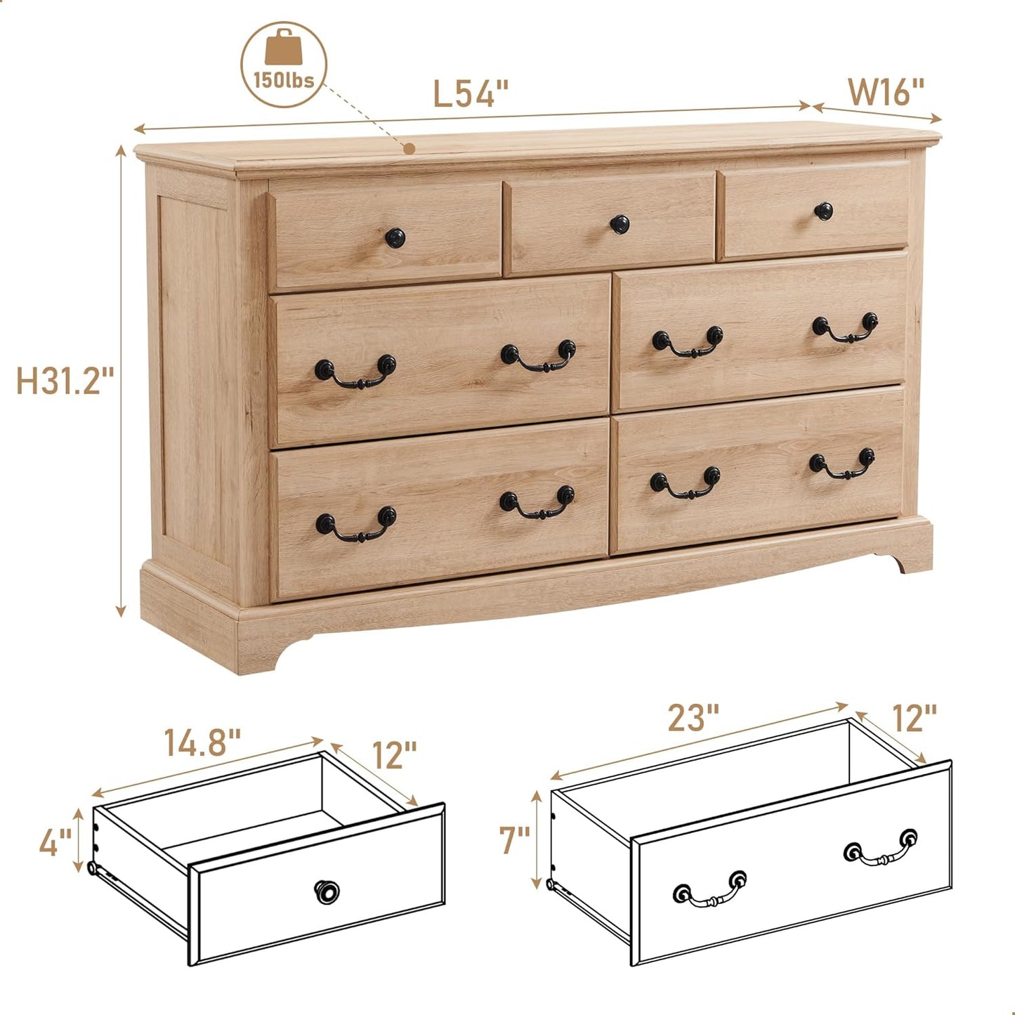 T4TREAM 7 Drawers Dresser Chests for Bedroom, Wood Vintage Chests of Drawers, Rustic Dressers Chset Organizer for Bedroom, Living Room, Hallway, Natural Oak