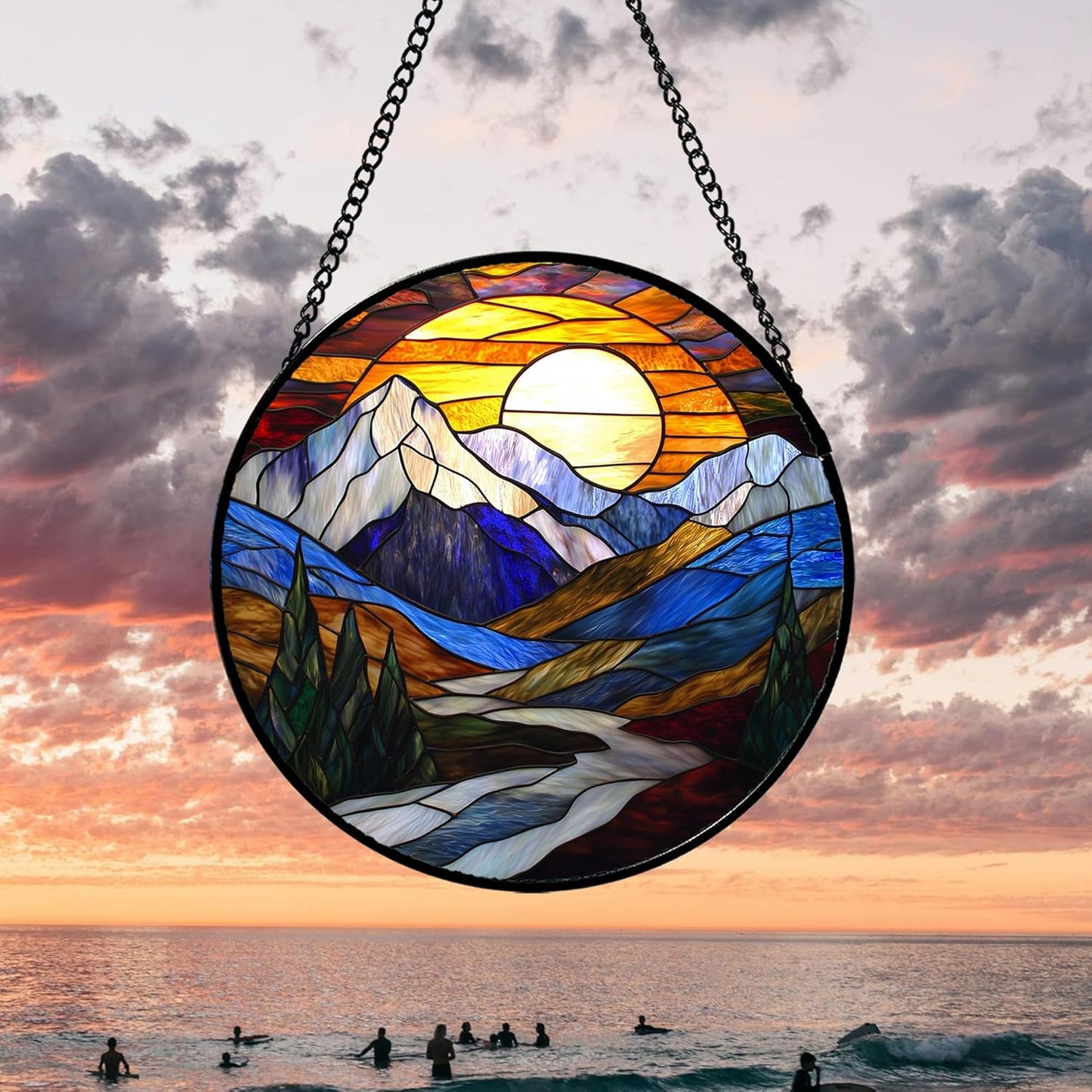 Stained Glass Window Hanging, Yellow Blue Sunset Mountains Scenery Sun Catcher for Window Home Decor Landscape Suncatcher Mother's Day Birthday Gifts for Women Men Mom and Nana 9.8 in