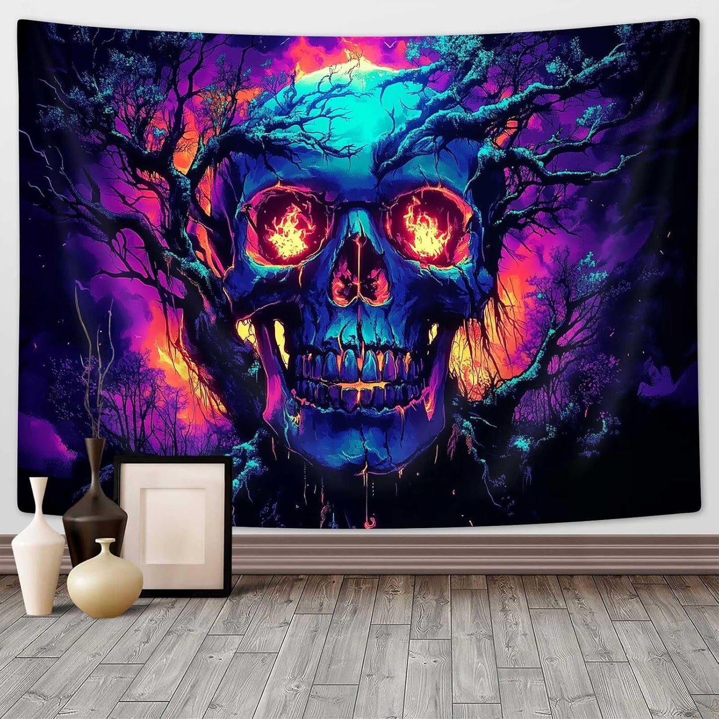 Xiaoput Blacklight Fire Skull Tapestry for Bedroom, Trippy UV Reactive Burning Skeleton Forest Wall Hanging Tapestries, Scary Dark Horror Glow in the Dark Tapestries for Living Room Home Dorm 60X40IN