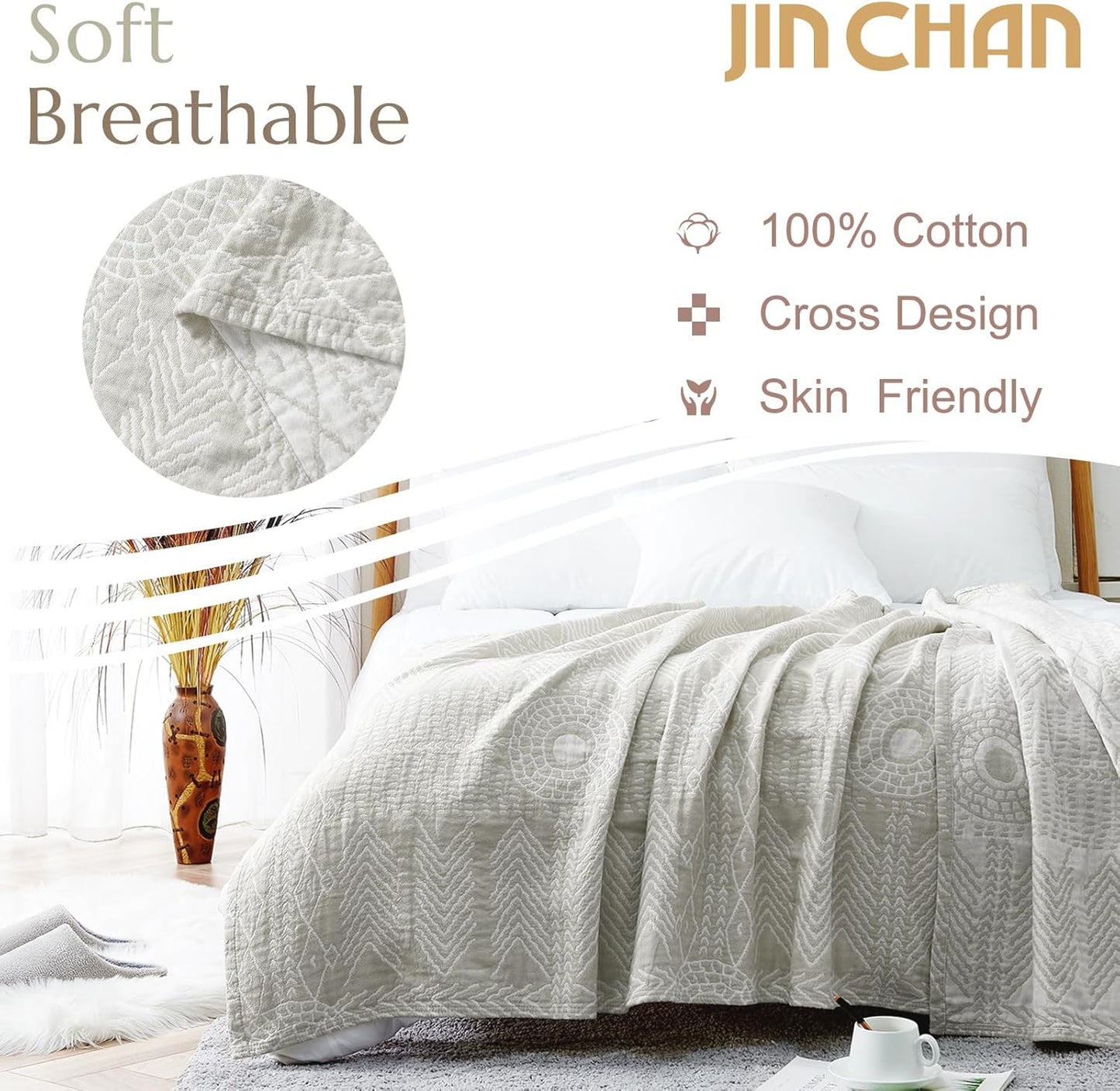 jinchan Boho 100% Cotton Muslin 50x60 Throw Blanket Lightweight 3-Layer Light Grey Blanket Washable Reversible Breathable Decorative Geometric Striped Patterned Soft Cozy for Sofa Bed All Season Gift
