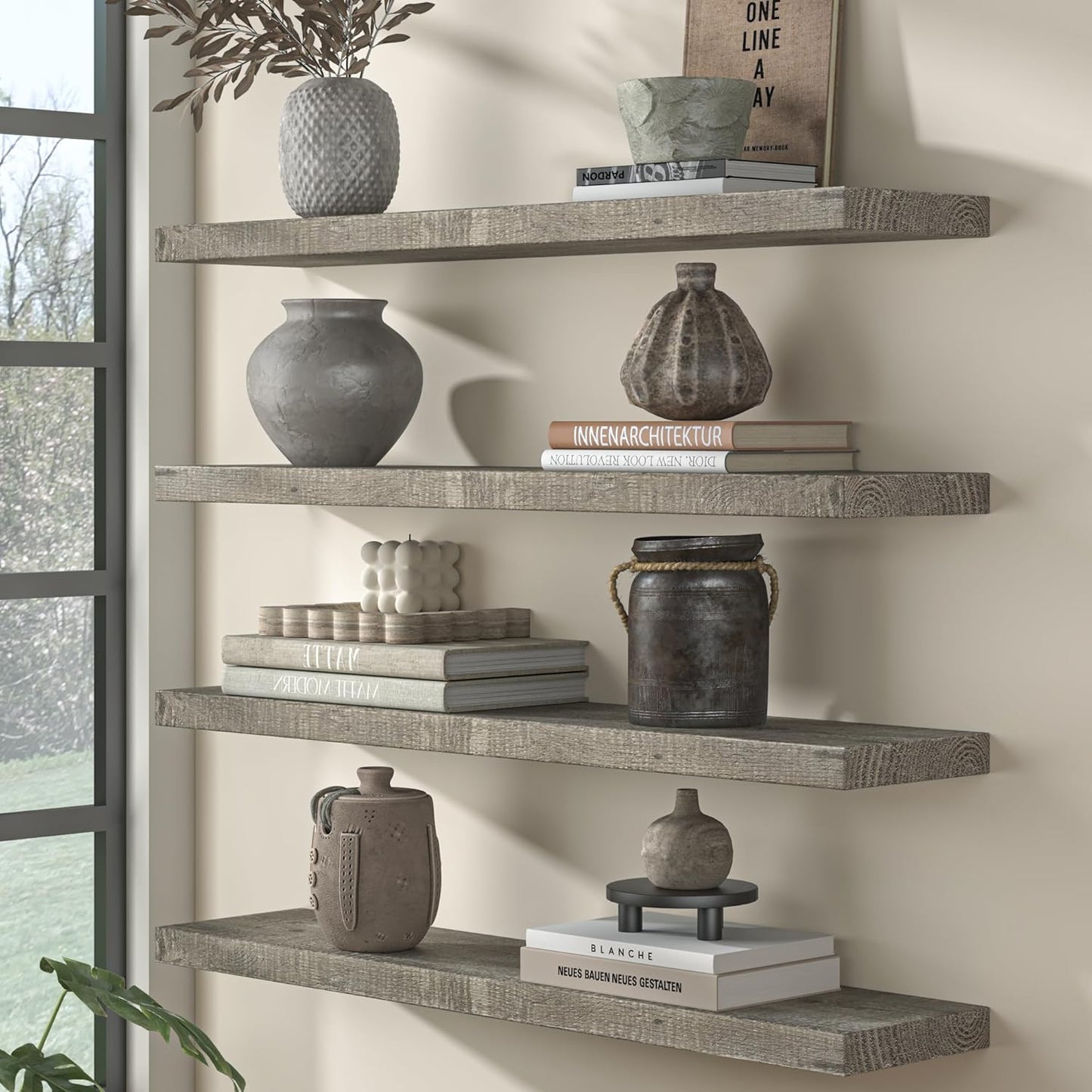 Fun Memories Floating Shelves for Wall Decor, 30"x8" Rustic Reclaimed Wood Shelves, Heavy-Duty Wall Mounted Shelves with Invisible Brackets, Set of 2for Living Room, Bedroom, Kitchen, Grey Finish