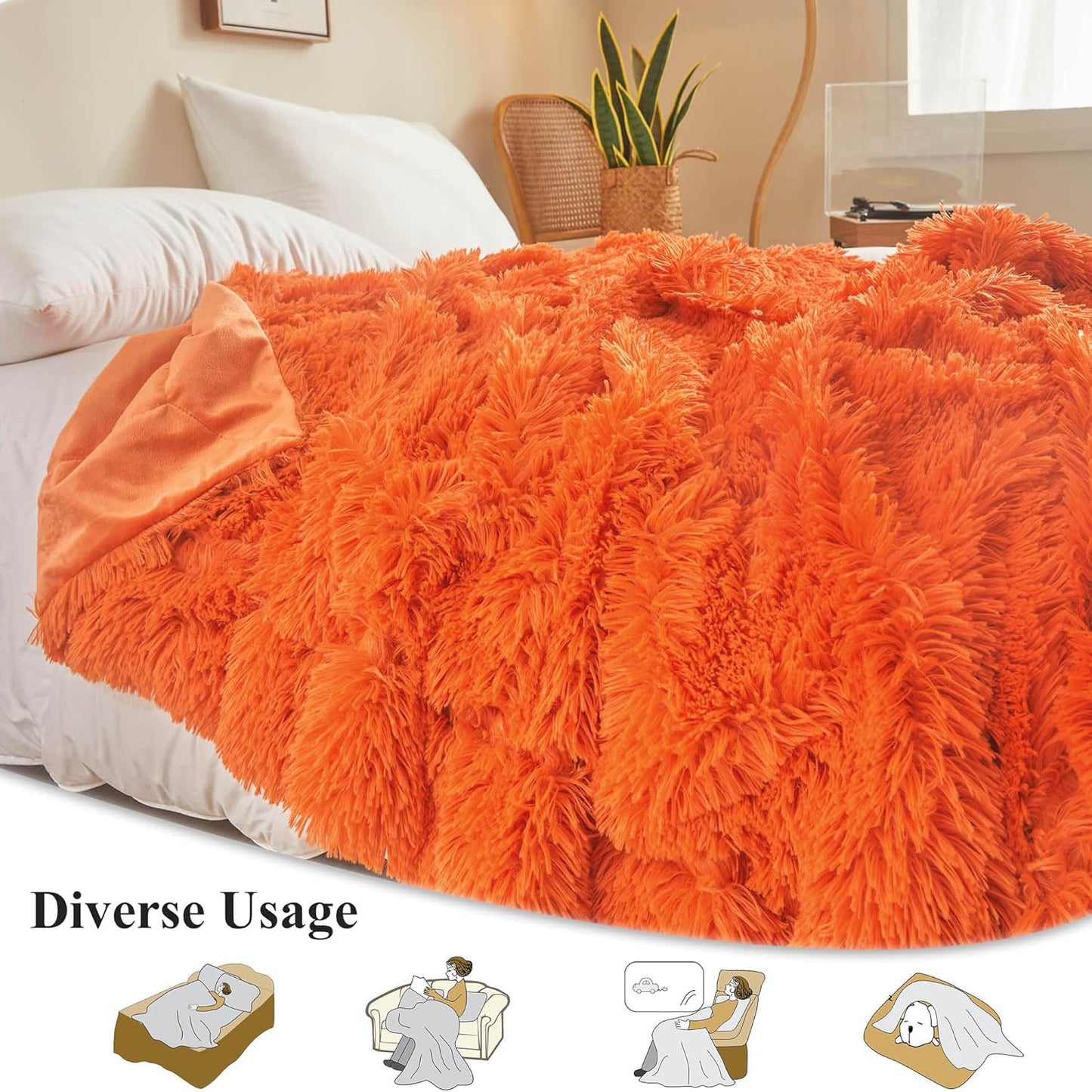 XeGe Luxury Faux Fur Bed Blanket, Orange Soft 60x90 Fluffy Throw, Shaggy Plush Decorative Blanket, Cute Furry Fuzzy Bed Throw for Bedroom Living Room Sofa, Orange, 60x90