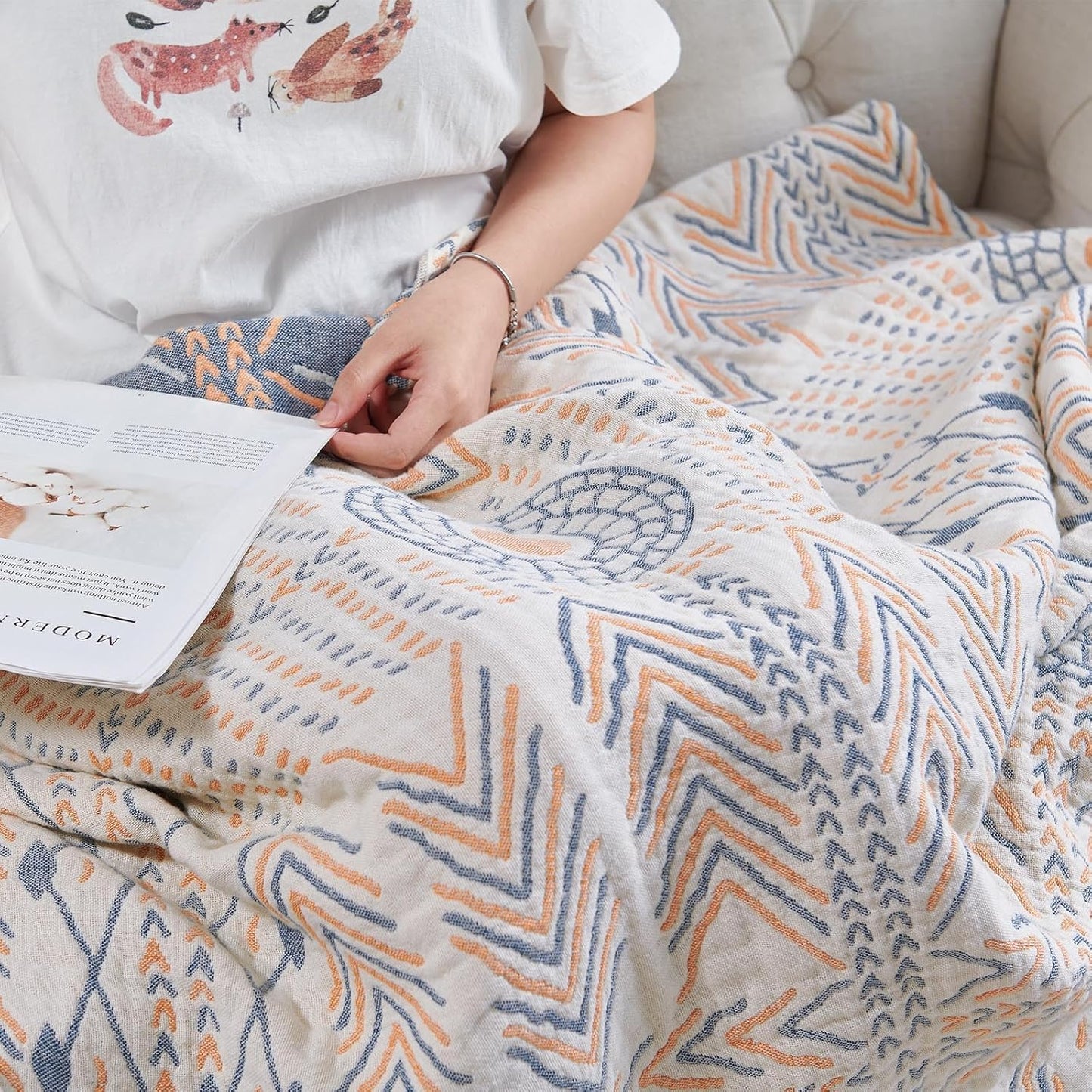 jinchan Boho 100% Cotton Muslin Twin Size 60x80 Throw Blanket Lightweight 4-Layer Orange Reversible Blanket Washable Breathable Geometric Striped Pattern Soft Comfy for Couch Bed Decor All Seasons