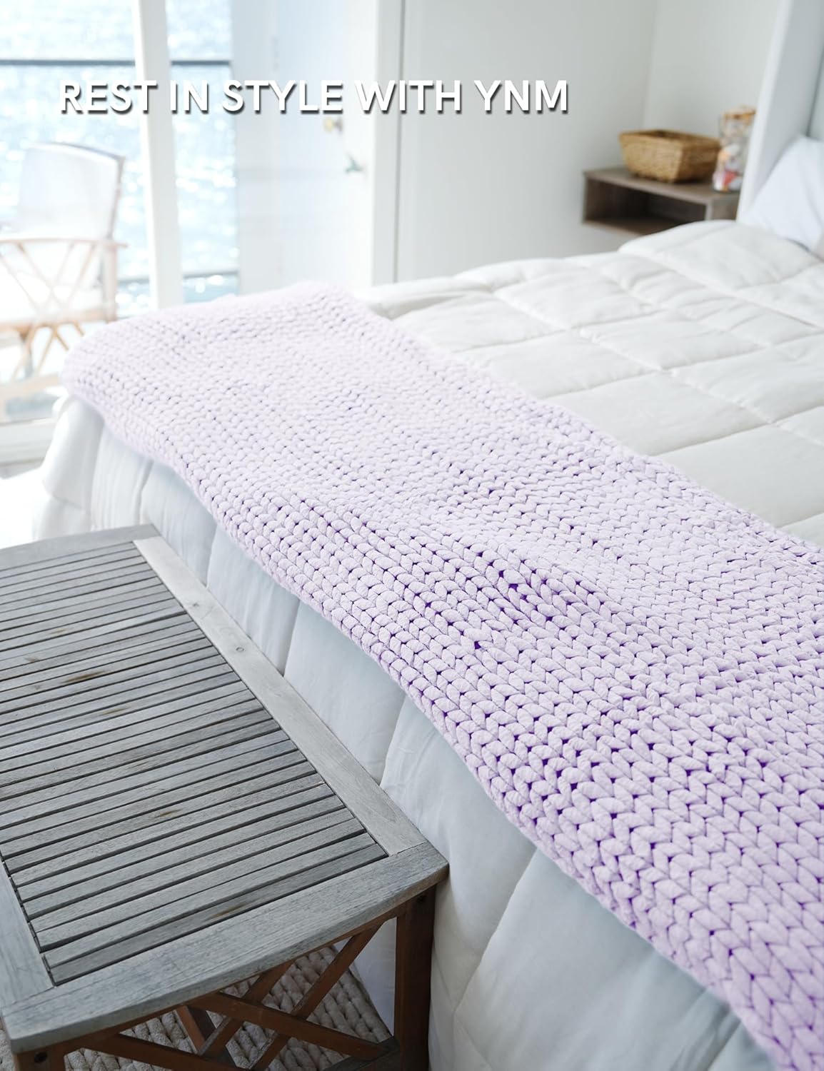 YnM Chunky Throw Blanket, Medium-Weight, Hand Knitted, Skin Friendly, Ventilated and Breathable, Machine Washable, Home Décor Piece for Couch, Sofa and Bed (Iris Lavender, 50x70 Inch)