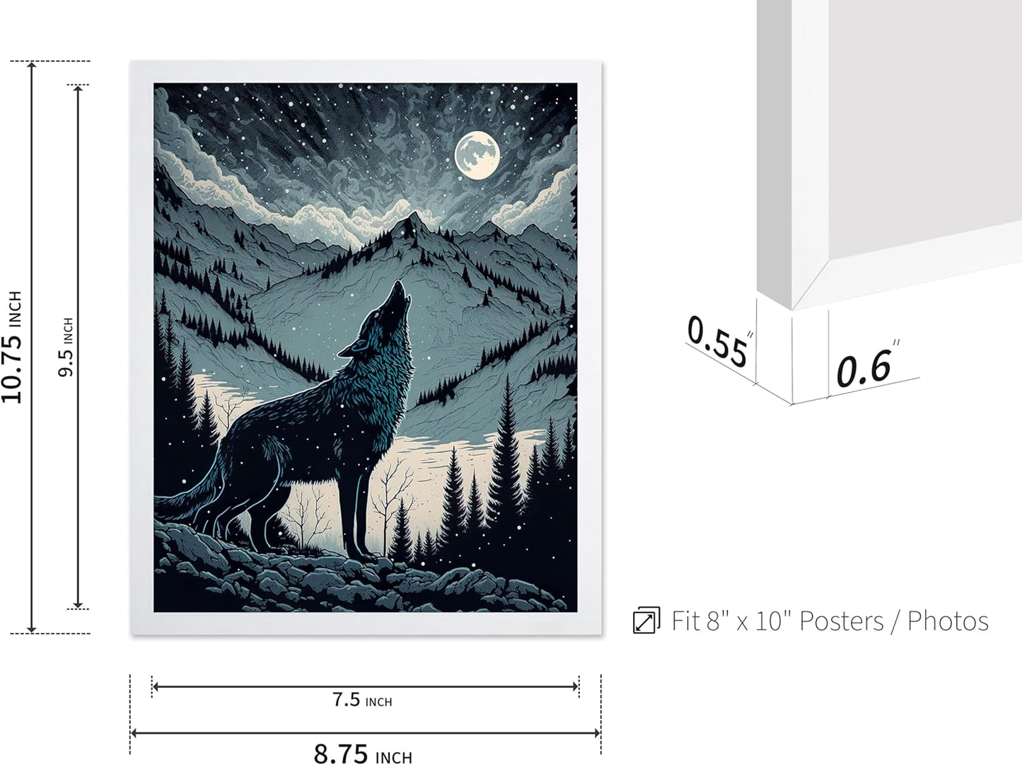 Poster Master Vintage Illustration Poster - Retro Animal Print - Gift for Artist, Friend - Wolf Howling at the Moon, Mountain, Snow, Landscape - Wall Decor for Home, Office, 8x10 White Framed