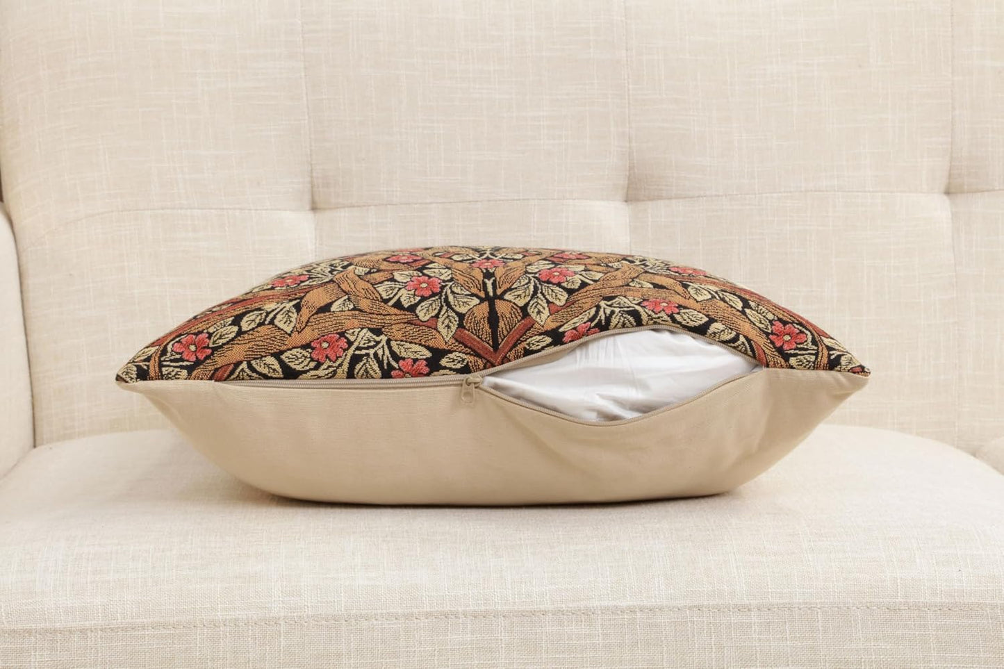 Charlotte Home Furnishings Pimpernel Tobacco Brown Floral Throw Pillow Cover 18” x 18” – Botanical Tapestry Cushion Cover for Sofa or Bed | Jacquard Woven in Europe | Insert Not Included