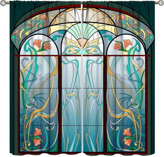 Stained Glass Curtains, Retro Mid Century Boho Abstract Art Home Decor Drapes for Bedroom Living Room Kitchen Window Treatment 2 Panels Set Total Size 84" W X 84" L Inch