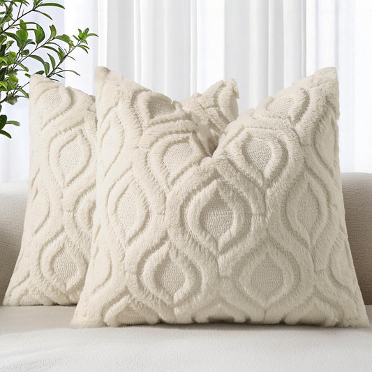 decorUhome Fall Throw Pillow Covers 22x22 Inch Set of 2, Soft Plush Decorative Faux Fur Beige Solid Couch Pillow Covers, Accent Farmhouse Neutral Square Euro Pillow Cases for Sofa Bed Living Room